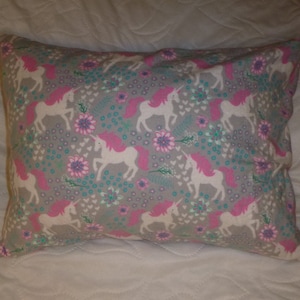 Pink and White Unicorns on Gray, Mythical, Legendary - Kids Cotton Flannel Pillowcase