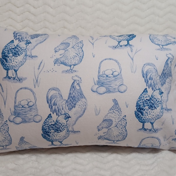 Toile Blue Chickens - Cotton Pillowcase