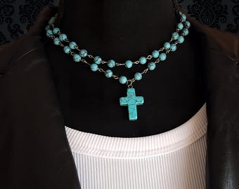 Turquoise Beaded Necklace with Cross Pendant