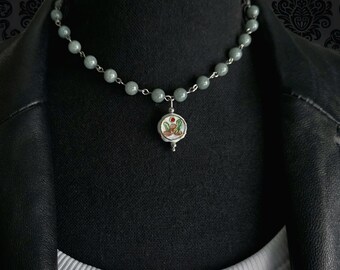 Burmese Jade Gemstone Beaded Necklace with Cloisonne Pendant