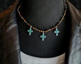 Beaded Necklace with Antique Bronze Cross Pendants