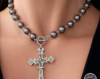 Cross Pendant Necklace with Silver Toned Vintage Beads