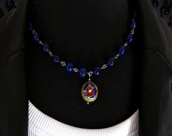 Lapis Lazuli Gemstone Beaded Necklace with Cloisonne Pendant