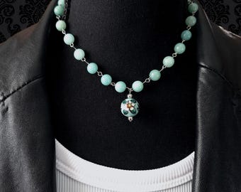 Jade Gemstone Beaded Necklace with Cloisonne Bead Pendant.
