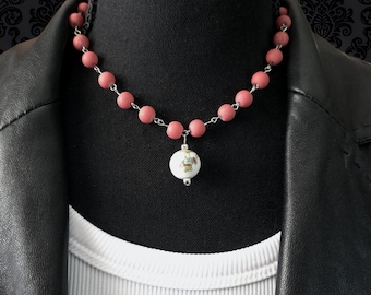 Pink Beaded Necklace with Cloisonne Bead Pendant