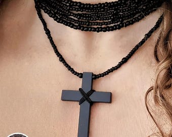 Black Beaded Strand Choker with Cross Pendant