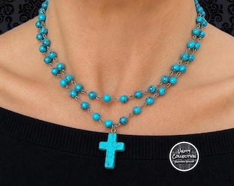 Turquoise Beaded Necklace with Cross Pendant