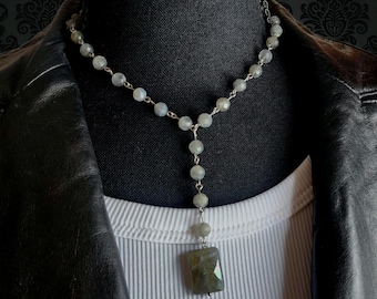 Labradorite Gemstone Lariat Necklace with Pendant