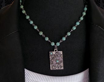 Picasso Blue Turquoise Beaded Necklace with Floral Pendant