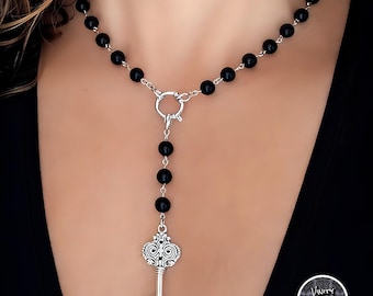 Black Onyx Beaded Lariat Necklace with Key Pendant