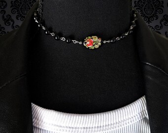 Obsidian Beaded Choker with Tensha Floral Pendant