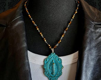 Beaded Necklace with Patina Mary Pendant