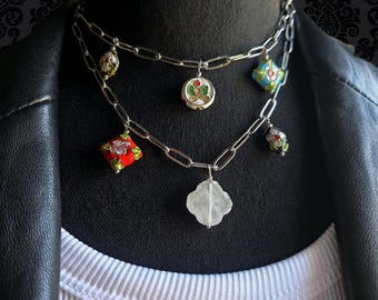 Charm Necklace with Quartz Gemstone & Cloisonne Bead Pendant
