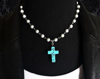 White Beaded Necklace with Turquoise Cross Pendant