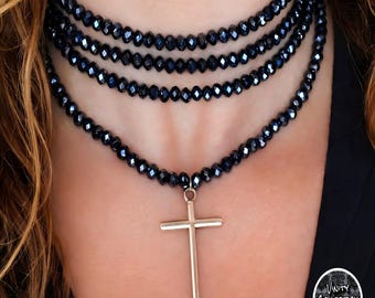 Blue Beaded Strand Choker with Cross Pendant
