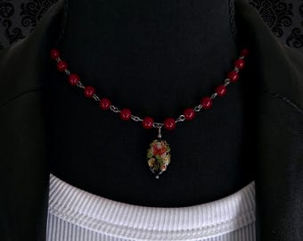 Red Gemstone Beaded Necklace with Cloisonne Pendant