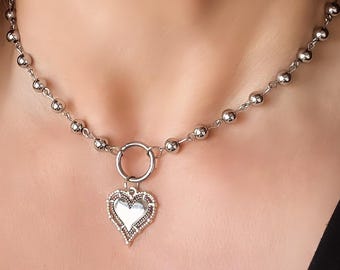 O-Ring Stainless Steel Beaded Necklace with Heart Pendant