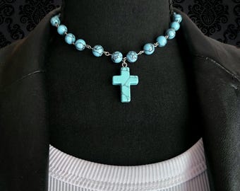 Turquoise Beaded Necklace with Cross Pendant