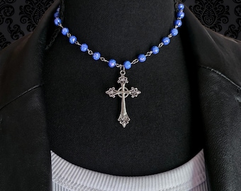 Blue Beaded Necklace with Cross Pendant