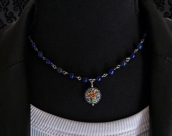 Lapis Lazuli Gemstone Beaded Necklace with Cloisonne Pendant