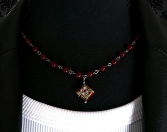 Red Beaded Necklace with Cloisonne Pendant