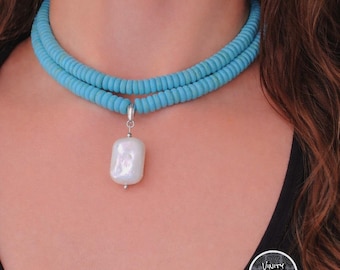 Turquoise Necklace with Freshwater Pearl Pendant