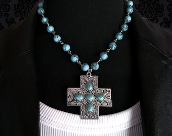Turquoise Beaded Necklace with Cross Pendant