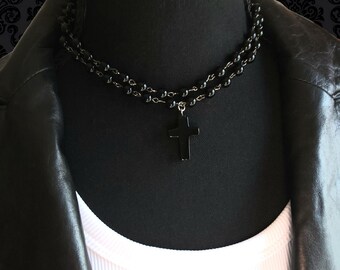 Black Obsidian Beaded Necklace with Cross Pendant