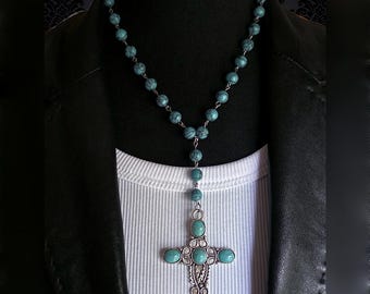Turquoise Beaded Lariat Necklace with Cross Pendant