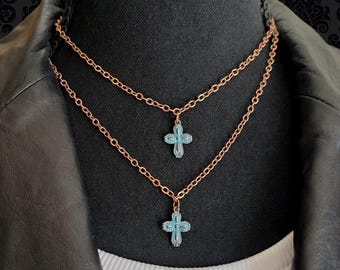 Double Strand Necklace with Antique Bronze Cross Pendants