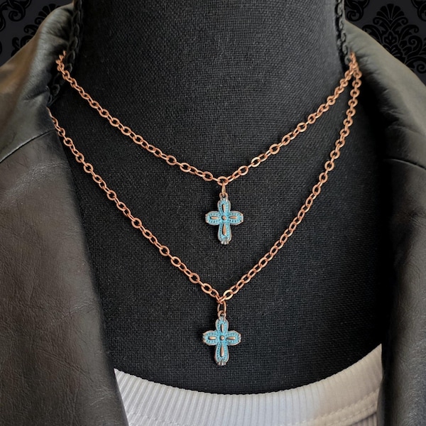 Double Strand Necklace with Antique Bronze Cross Pendants
