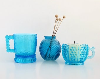 Vintage Blue Glass Mugs, Mini Vase