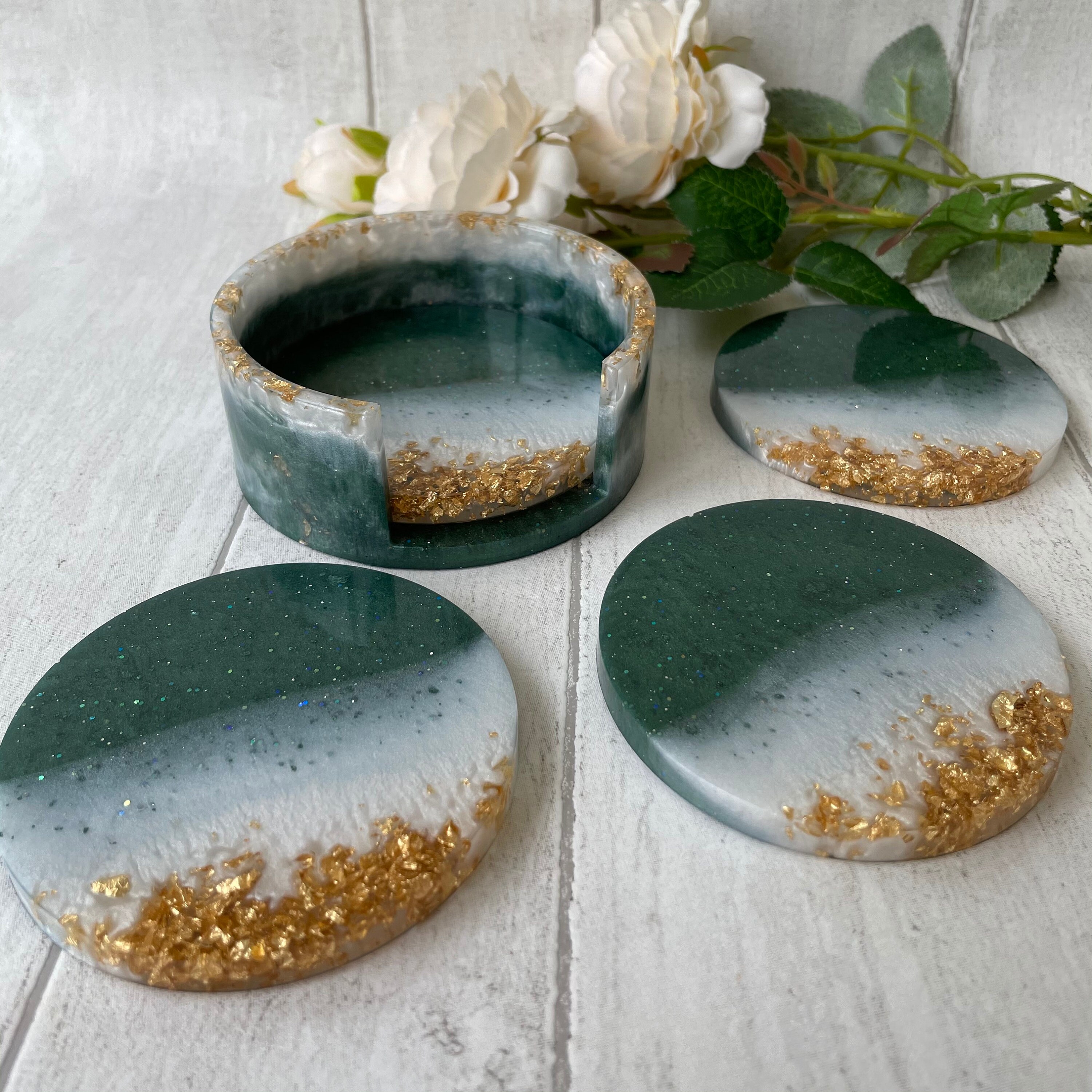 Green Resin Coaster Set with Holder Etsy