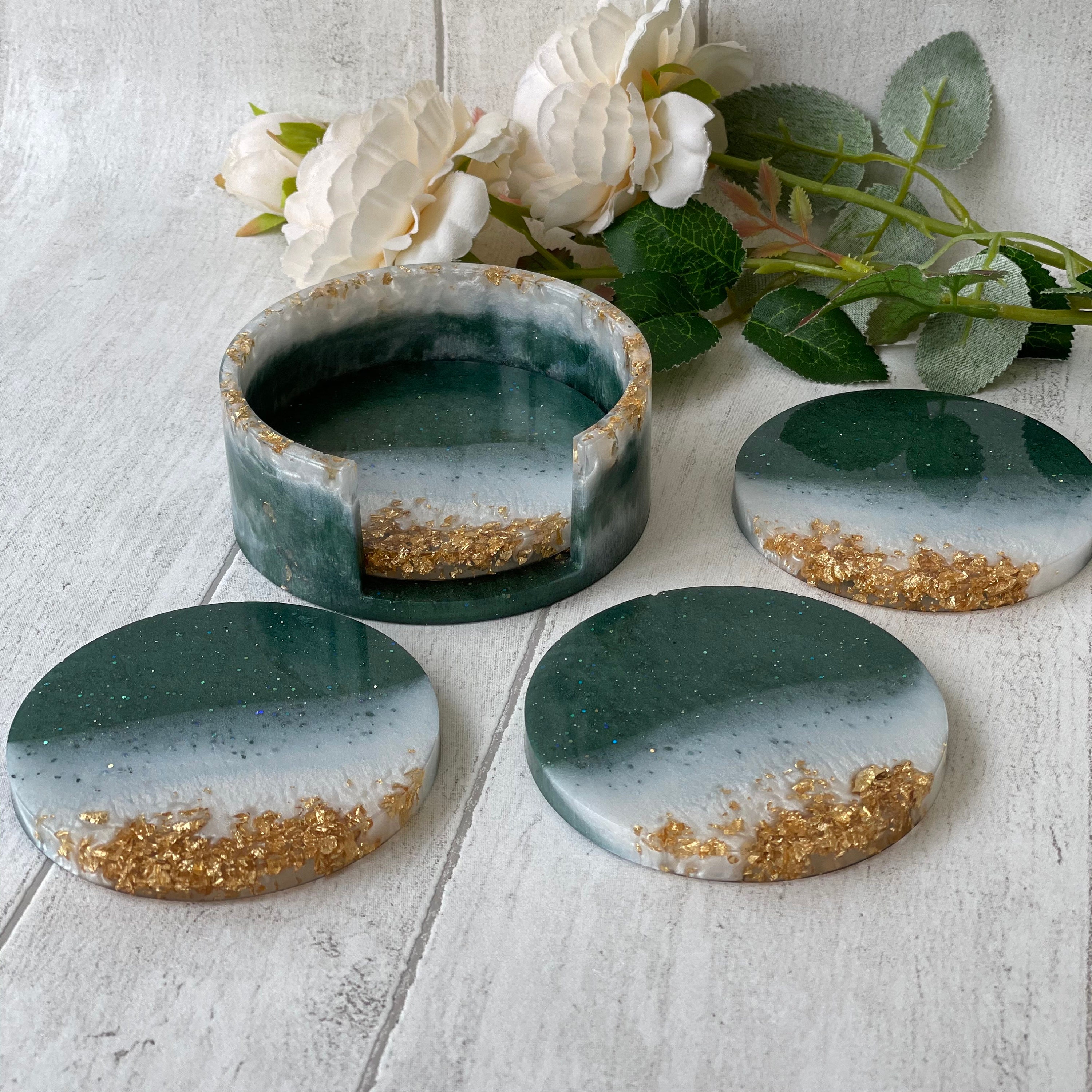 Green Resin Coaster Set with Holder Etsy