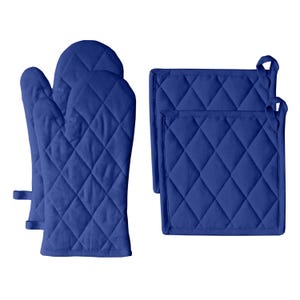 May include: A set of two royal blue oven mitts and two matching square pot holders. Each item features a quilted diamond pattern across the surface and includes a small fabric loop at the top for hanging. The kitchen accessories are solid blue.