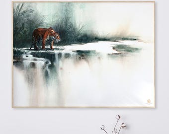 Stampa di tigre ad acquerello, decorazione murale di tigre di Sumatra, dipinto di fauna selvatica della giungla, decorazione per la casa con grandi felini, regalo ad acquerello