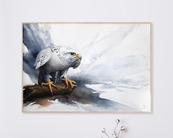 Gyrfalcon Watercolour Print for Living Room, Bird of Prey Wildlife Art Print, Falcon Wall Art, Nature Home Decor Gift for Bird Lovers