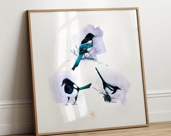 Three Magpies Watercolour Art Print, Wildlife Bird Wall Art for Rustic Cottage, Office, or Modern Home Decor