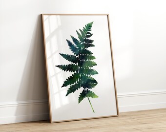 Akwarela z paprociami, Paproć 1, Botaniczna sztuka ścienna do salonu, sypialni lub biura, Minimalistyczny wystrój domu inspirowany naturą