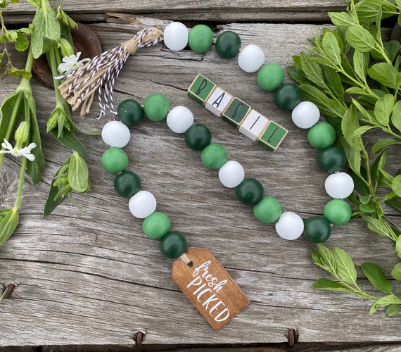 18 Wooden Beaded Garland and basil Letters / Garden Tier - Etsy