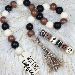 Coffee Wooden Bead Garland, Farmhouse Tier Tray / Coffee Bar Decor