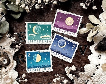 Vintage Moon Phase Stamps – No. 01, Albania 1964, Natural History, Moon Stamps, Astrology Stamps, Paper Ephemera, Curiosity, Oddity