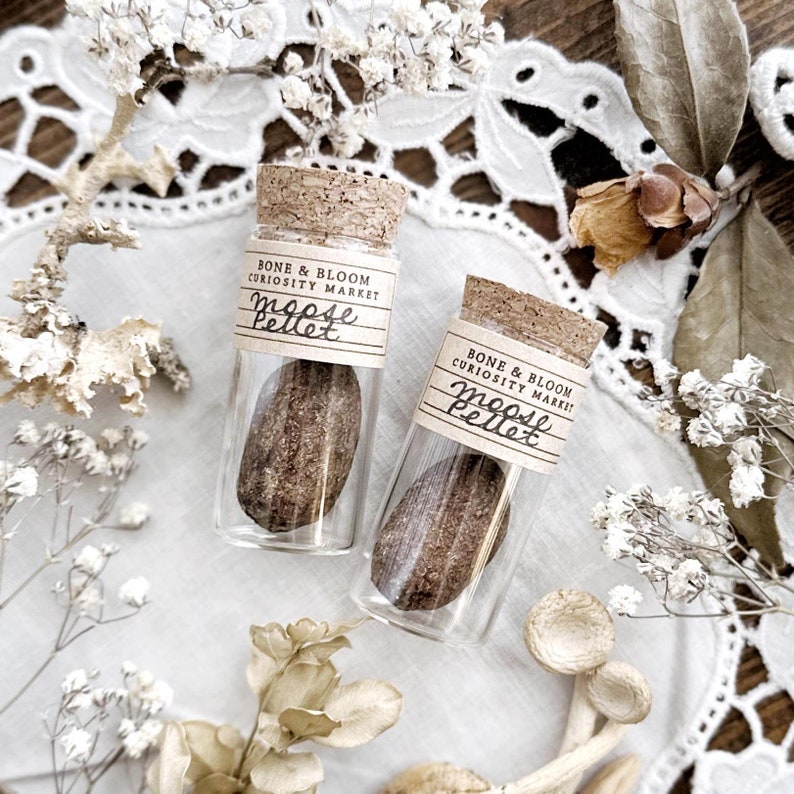 May include: Two small glass vials with cork stoppers, each containing a brown moose pellet. The vials have labels that read "BONE & BLOOM CURIOSITY MARKET" and "moose pellet". The vials are on a white lace doily.