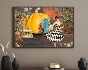 Verzauberte Kürbis Cottage Collage Kunstdruck wunderliche Cottagecore Traumlandschaft mit Folklore Charme Instant Download