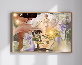 May include: A framed art print featuring a surreal collage. The artwork includes a woman's face, a snake, classical statues, and floral elements. The color palette is soft, with muted greens, purples, and creams, creating a dreamlike aesthetic.