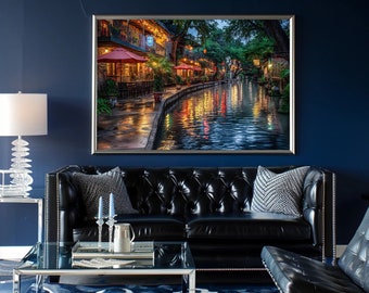 San Antonio Riverwalk, Downloadable Digital Art: Colorful Riverfront, landscape Painting Home Decor, artwork for your home.