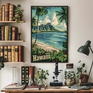 Oeuvre d'art de carte postale d'Hawaï, art numérique téléchargeable : palmiers colorés, vues sur l'océan, décoration intérieure, oeuvre d'art vibrante pour votre maison.