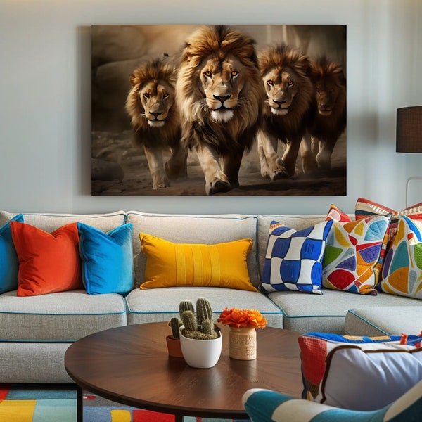 A Pride of Power: Three Fierce Lions Striding Together Photorealistic Wildlife Photography in National Geographic Style, Natural Lighting