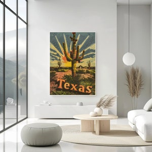 Cactus du désert du Texas, oeuvre d'art numérique téléchargeable : peinture vintage colorée de cactus, décoration d'intérieur, oeuvre d'art colorée vibrante pour votre maison.