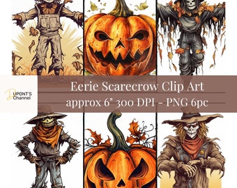 Eerie Scarecrow & Pumpkin Clip Art: Halloween Graphics (Digital Download)